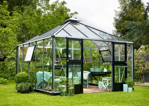 Växthus Juliana Oasis 13,5 m² säkerhetsglas Alu/svart färg