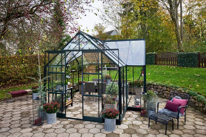 Halls Garden Room 12,9 m² svart -växthuspaket med sockel till specialpris